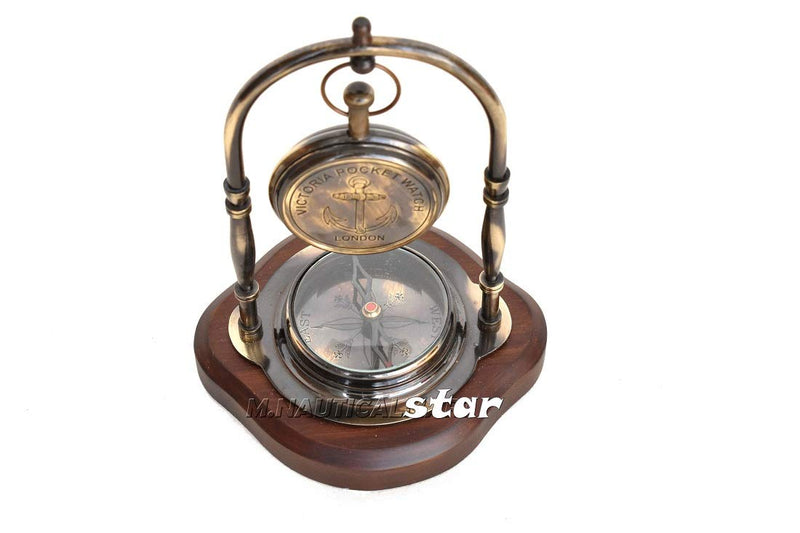 Brass Antique Desk Clock with Compass Working with Wooden Base Home Decor