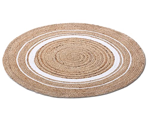 Kuber Industries Hand Woven Braided Carpet Rugs|Round Traditional Spiral Design Jute Door mat|Mat for Bedroom,Living Room,Dining Room,Yoga,60x60 cm,(White)