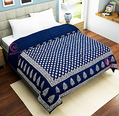 AUROSTYLE 400 TC Light Weight Pure Cotton Jaipuri Traditional Floral Design with Gold Print Double Bed Jaipuri Quilt/Razai/Rajai (Blue, Double Bed (90 x 105 Inch))