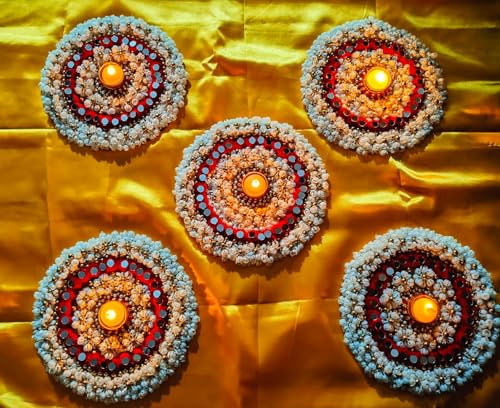 Artificial Flower Rangoli Mat with Tea Light Holder - Decorative Home Décor Piece for Festivals & Celebrations (Includes 1 Tea Light)