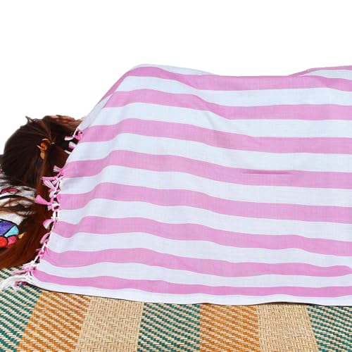 SilkXone Cotton Silky Soft Organic Bhagalpuri Dull chadar Blanket for All Season Blanket, (Pink-Grey Stripe), Pack of 1 (X-Lrgea)