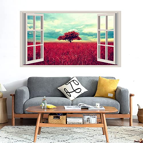 GADGETS WRAP Printed Wall Decal Sticker Fake Window Style Decal (90cm x 50cm) - Lone red Tree