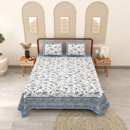 Tamasvini Cotton 144 TC 1 Bedsheet with 2 Pillow Covers Sanganeri Jaipuri Print (Size 90 inches x 108 inches) Standard King Size Bedsheet for Home and Living Room (Blue Bird)