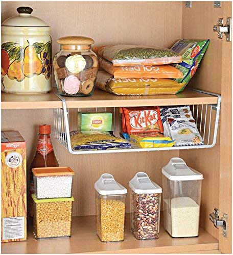 Go Hooked Multipurpose Under Shelf Basket/Coated Iron Under Cabinet Storage Organizer Rack Shelf/Under shelf Organizer Rack For Kitchen, Bedroom (Combo, Pack of 3) (1 Pc - 12" & 2 Pcs - 16") (Silver)