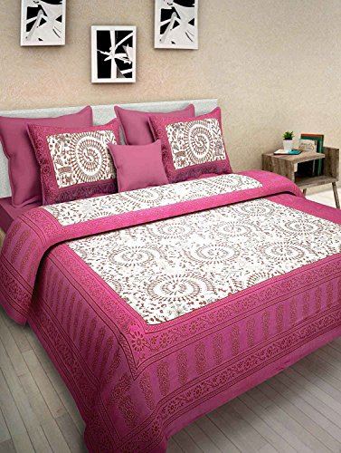 RAJASTHANIKRAFT II 100% Cotton Traditional Aadimanav Printed Cotton Jaipuri 144 TC for Double Bed King Size Bedsheet with 2 Pillow Covers (Pink, Double)