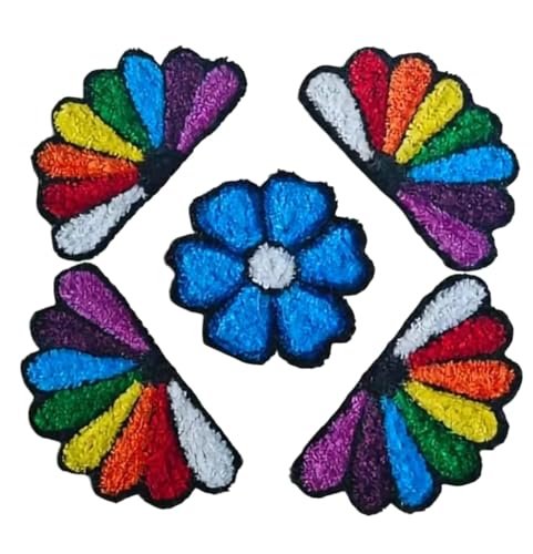 Dream Decore Handcrafted Rangoli Mat Set, 30 cm Traditional Design, 5 Pieces with Blue Flower and Rainbow Fans, Rexine Base