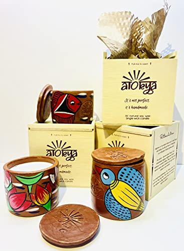 Alokya - Pack of 3 - Single Wick Scented Candle in Terracotta Jar with Pattachitra Folk Art (Aranya/Gulshan/Gulshan)