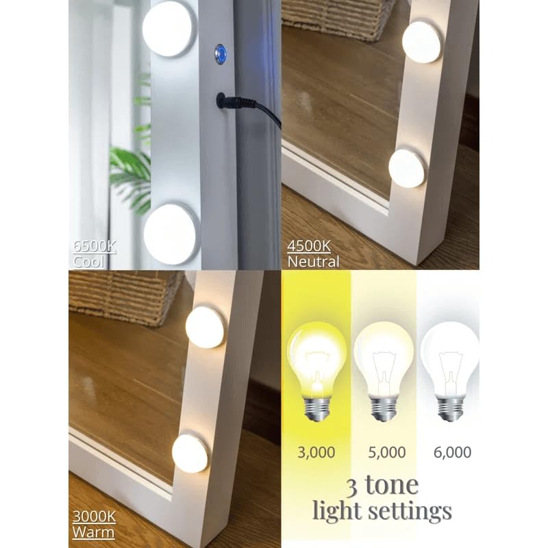 ARTESSA Studio Full-Length Rectangular Mirror with LED Bulbs, Freestanding, Powercable (150 x 76 CM)