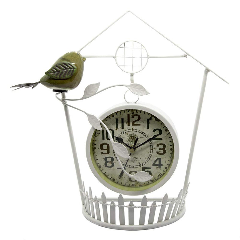 GeekGoodies House Fence Bird Metal Living Room Bedroom Decoration Table Clock (White)