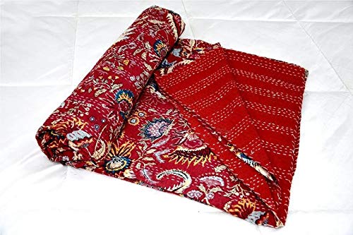 Textile Work Creations Kantha Quilt Bed-Cover Throw and Cotton Blanket Twin Size-Kantha Quilt Handmade Singel