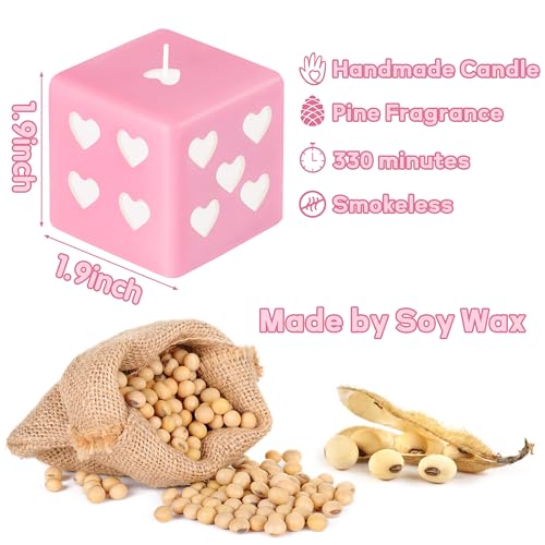 6sisc Pink White Heart Dice Candle Danish Pastel Room Decor Aesthetic Pine Fragrance Natural Soy Wax Handmade Aromatherapy Candles Desk Art Decoration Gift for Home Bedroom Supplies 2 x 2 in