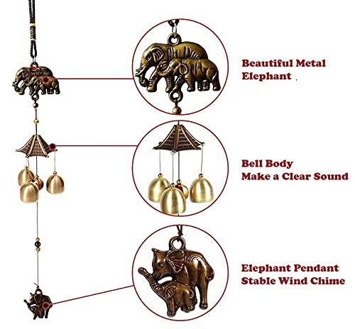 Zobro Elephant Metal Wind Chimes for Home Balcony Garden Positive Energy, Home Decor Hanging Long Brass Bells Gifts for Loved Ones 3 Bells