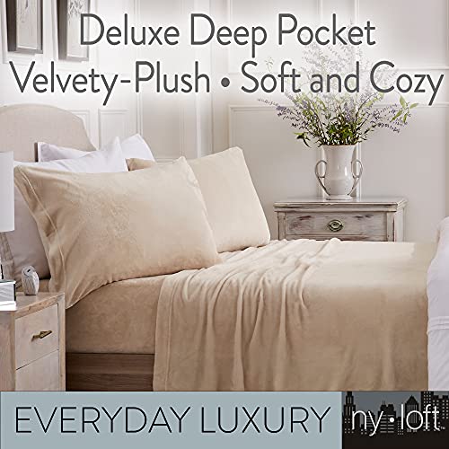 Velvet Plush Sheet and Pillowcase Set with Extra Deep Pockets | Extra Soft Micro Fleece Sheet Set | Ultra Plush and Cozy Warmth | Velvety Soft Heavyweight | Tribeca Collection (King, Beige)