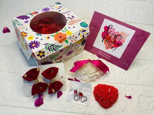 The Pink Patterns Valentines Day Gift Hamper for Her- Heart/Flower Shape Candles with Pair of Scrucnchies and Card | Rose Fragrance SOYA Wax Candles | Special Love Combo