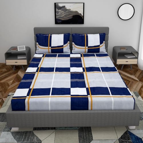 YaAkholic Premium Microfiber Fitted Bedsheet King Size 78 x 72 with 2 Pillow Covers | All Around Elastic 200 TC Supersoft | Fits Upto 8 Inches | Blue Checks