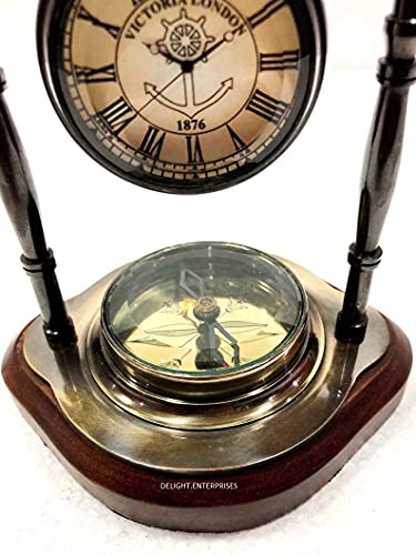 Delight Enterprises Antique Brass Table Clock Compass Maritime Ship Desk Clock Office Decor