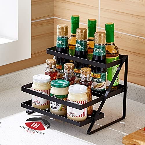 PREDELLA Kitchen Racks/ 2 Step Shelf Freestanding Step Racks/Shelves/Holder/Stand/Countertop Spice Rack/Kitchen Organizer Metal Bottle/Bartan Rack -Black, Accent Shelf