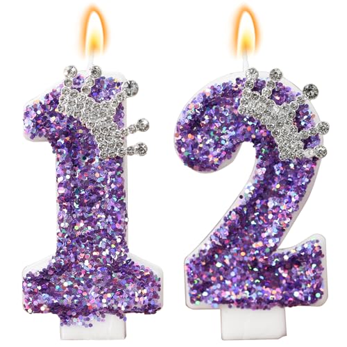 Birthday Number Candles,Purple Crown Birthday Candles for Cake,Glitter Number 12 Candle Cake Topper with Sequins for Anniversary Celebrations Supplies (Number 12)