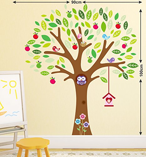 WALLSTICKY Tree with Green & Yellow Leaves and Apple Heart Birds in IT Sticker