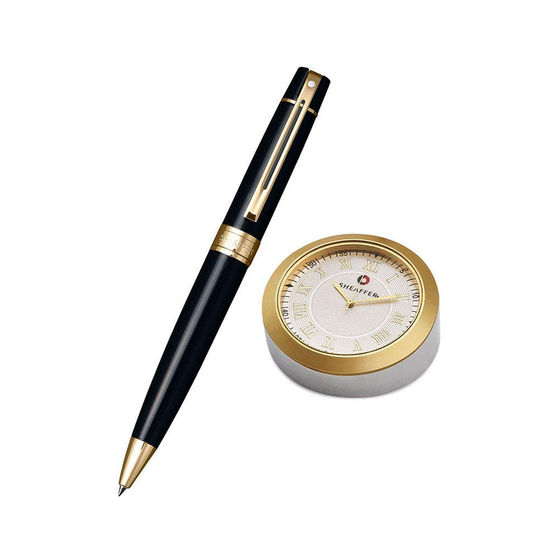 Sheaffer Pen Gift 300 A9325 Black Gold BP with Table Clock