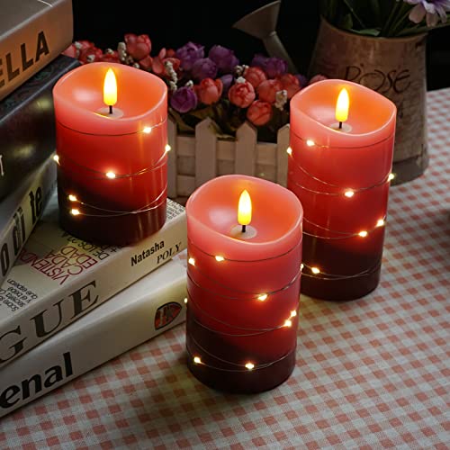 Xinhidar flameless Candle is Rechargeable, Equipped with Embedded String Lights, 3 LED Candles, 11 Key Remote Control, 24-Hour Timer Function, pulsating Flame, and Real Wax. (Gradient red)