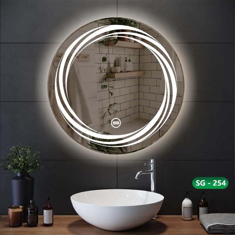 Spark Glass Round LED Sensor Mirror. (LedColour: White, Warm White, & Mix Light) - (Size:24x24 Inch)