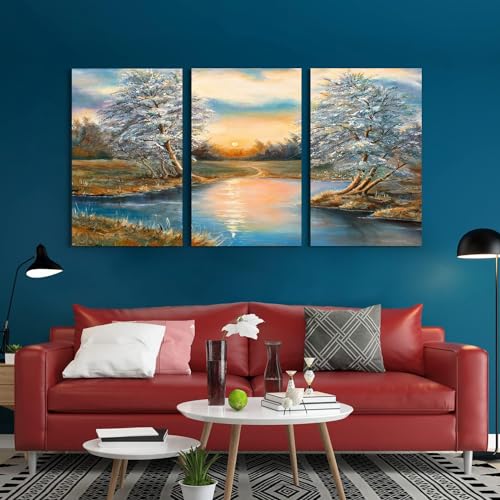 GADGETS WRAP Canvas Gallery Wrap Framed for Home Office Studio Living Room Decoration (3Part, 14x27inch Each) - Sunset Forest Oil Painting