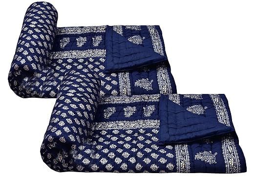 HOMYFINE 300 TC Single Bed Jaipuri Razai Pure Cotton Jaipuri rajai Ac Quilt for All Season Soft Light Weight Rajasthani Traditional Cotton Comforter 85 x 55 inch, Pack of 2 (Blue-Multi S-2)