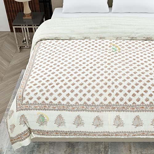 H.R International 385 GSM Pure Organic Cotton Jaipuri Flower Hand Block Printed Rajasthani Traditional Light Weight Double Bed Quilt/Razai/Rajai Size 90X108 Inches (Flower Tree)