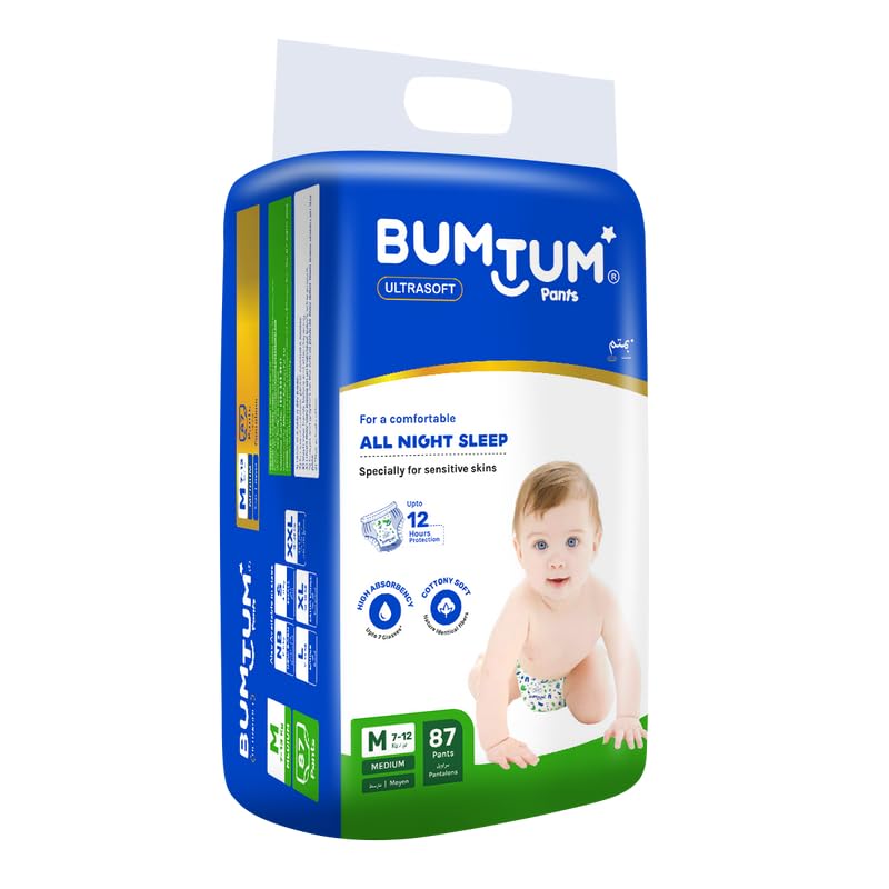 Bumtum Baby Diaper Pants, Medium/M Size, 87 Count, Double Layer Leakage Protection Infused With Aloe Vera, Cottony Soft High Absorb Technology