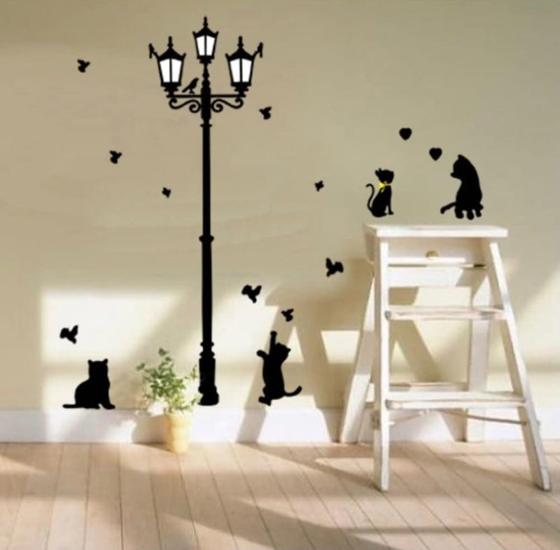 Psychedelic Collection 'Ancient Lamp and Cats' Wall Sticker (PVC Vinyl, 90 cm x 30 cm, Black) (57021), Animal