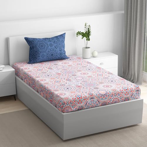 100% Cotton 152 TC Fitted Bedsheet with 1 Pillow Cover | Karol Single, 72" x 36", Karol| 1.83m x 91cm