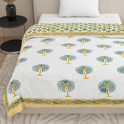 AARMOZY Cotton Jaipuri Razai Single Bed Hand Block Floral Buta Bail Print Quilt Blanket - PURPAL/Green (Single Bed B)