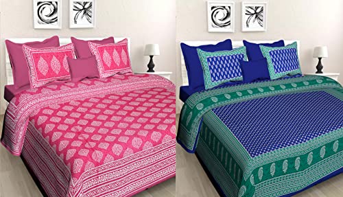 JAIPUR PRINTS Pure Jaipuri Print 100% Cotton Rajasthani Combo Bedsheet for Double Bed Tradition 2 Double Bedsheet with 4 Pillow Cover - FASHION-27