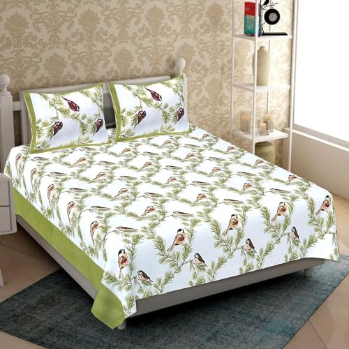 Pure Cotton Sanganeri Printed Jaipuri Bedsheet for Double Bed Sheet Queen Size with 2 Pillow Covers 260Thread Count,Green