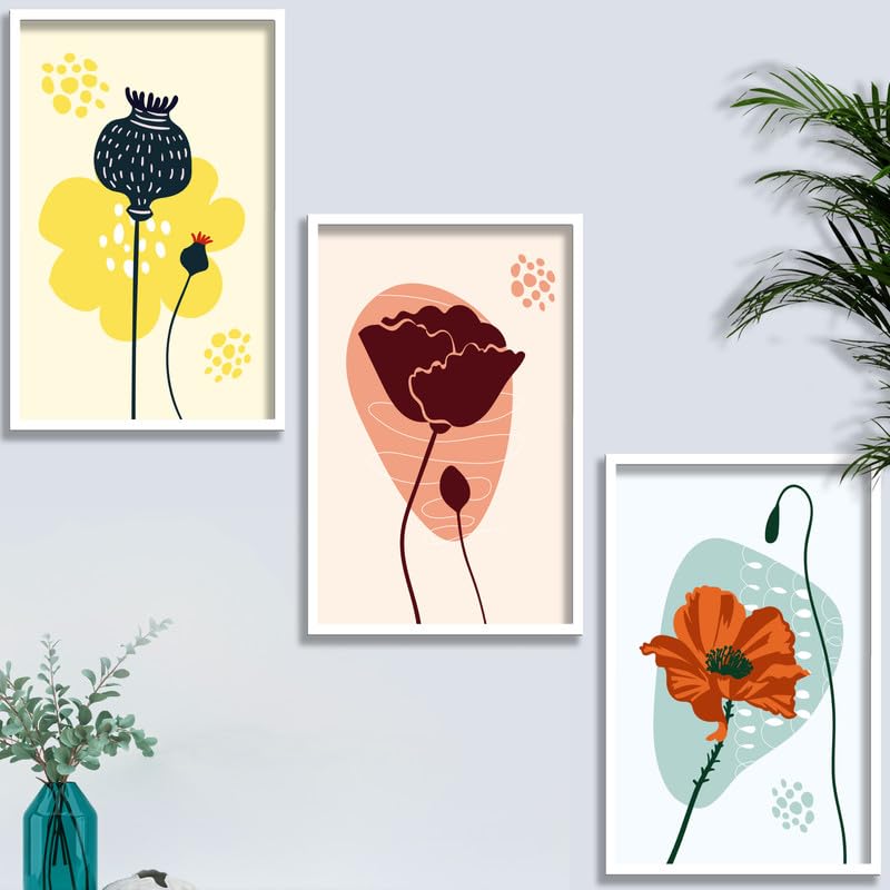 SAF paintings Set of 3 abstract flower Boho modern art design Premium white Framed Bohemian wall painting for for Wall, Home and Living Room Decoration 80 cms x 34.29 cms COMBO-2241-K3