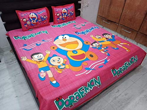 Lakshita Enterprises Cotton Doraemon Printed Cartoon Soft Double King Size Bedsheet with 2 Pillow Covers for Kids (270 X 225 cm, Pink)