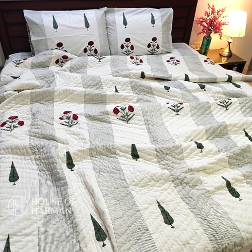 House of Harman Hand Quilted Mulmul Cotton Reversible Quilt I Hand Block Printed I Natural Vegetable Dyes (Flora Vista Elegance Quilt) (Pair of Singles- 60 * 90 inches)