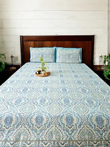 Feels Like Home 180 TC 100% Cotton Super King Size Bedsheet, 1 Bedsheet and 2 Pillow Covers, Block Printed, Uphaar Collection - Blue Mughal Print, 95 x 108 Inch, Jaipuri Bedsheet