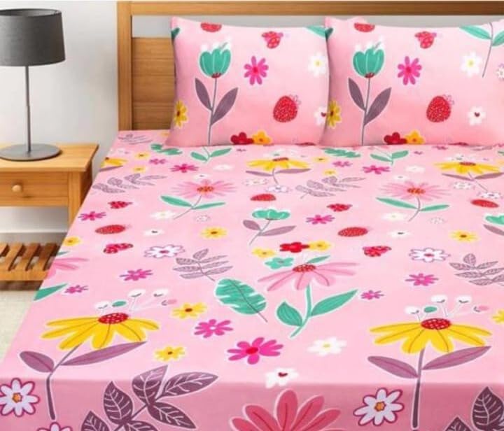 Amvy Creation Prime Collection Supersoft Glace Cotton Double Bedsheet with 2 Matching Pillow Covers (Multicolour, Size 90 x 90 Inch) - Pink with Leaves Flowers1-Gold BS