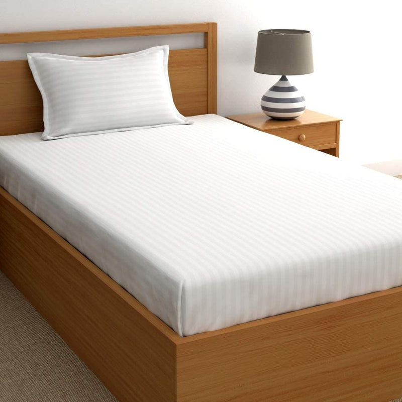 Cool Dealzz Plain White Cotton Stripes Single Size Bedsheet Set with One Pillow Cover 300 TC