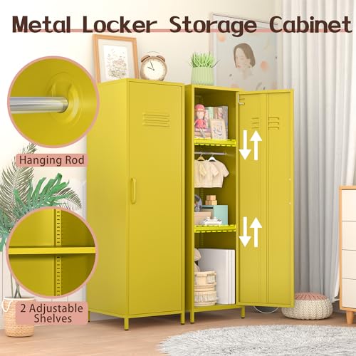 erosoei 1 Door 51.3" Metal Locker Storage Cabinet Steel Kids Wardrobe Changing Room Locker Cabinet Box with 2 Adjustable Shelves Steel Locker File Cabinet Organizer for School Gym Home Office