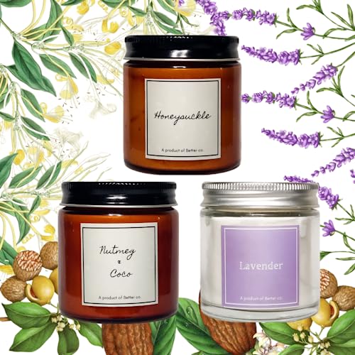 Better co Scented Soy Wax Amber Jar Candle Organic Luxury Aroma Burning Time Upto 20 Hours. Combo Pack of 3. Honeysuckle Lavender and Nutmeg + Coco.