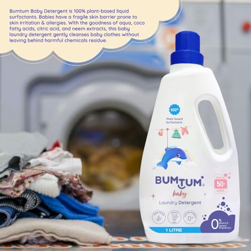 Bumtum Baby Liquid Laundry Detergent 1 Litre, 100% Natural Plant Based, Safe and Gentle with Lemon and Neem Extracts, Anti-Bacterial, Natural Fragrance, Bleach & Brighteners Free