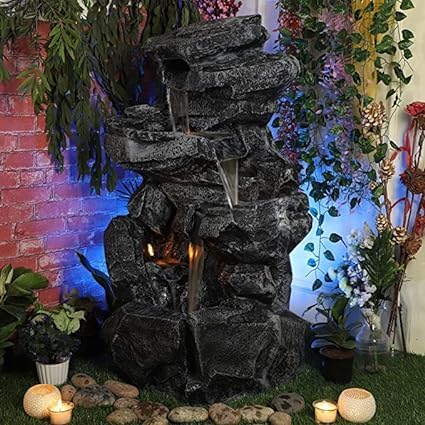 Shawshank Water Fountain Double Spiral Rock Look Fiber Water Fountain for Living Room Home Decor Garden Patio Yard Art Decoration Gift Gifting with LED Lights Water Pump