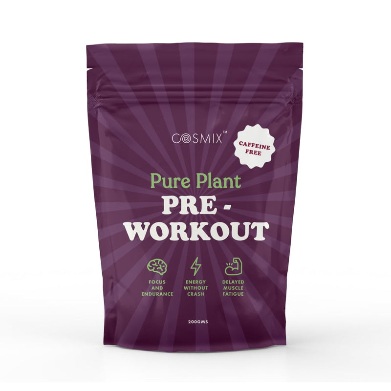 Cosmix Pure Plant Pre-Workout|For Caffeine-Free Energy&Endurance|For Muscle Recovery|60G (50 Servings)|Beetroot Nitrates&Coconut Mcts|No Preservatives/Added Sugar|Vegan|200G(Pack Of 1),Powder