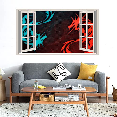 GADGETS WRAP Printed Wall Decal Sticker Fake Window Style Decal (90cm x 50cm) - Two Dragons