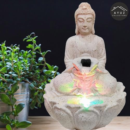 AYUZ Collections Presents Lotus Buddha Water Fountain Tranquil Water Feature with Led Lights,Tabletop Water Fountain for Home, Office, Living Room Decor (White) 14 Inches