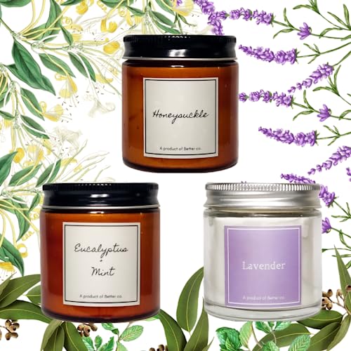 Better co Scented Soy Wax Amber Jar Candle Organic Luxury Aroma Burning Time Upto 20 Hours. Combo Pack of 3. Honeysuckle Lavender and Eucalyptus + Mint