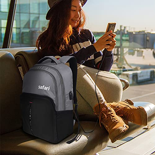 Safari Sneak 26 Ltrs Small Casual Backpack with USB Charging Port | Water Resistant Fabric - Grey